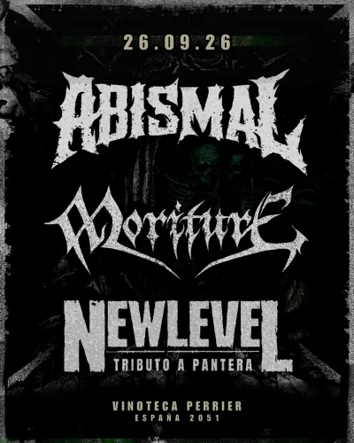 Flyer de ABISMAL/MORITURE/NEW LEVEL en Vinoteca Perrier